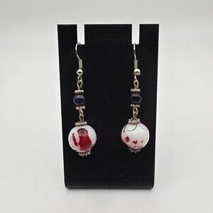 Women's Dangle Drop Hook Marbled White/Red Beaded Fashion Jewelry Earrings